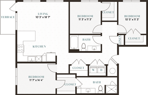 Floor plan for 3 beds, 2 baths, 1348 sqft